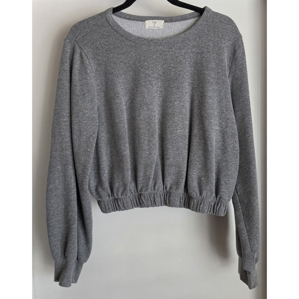 t.la Women Crop Sweatshirt Size L Gray Solid Casual Pullover Long Sleeve Top